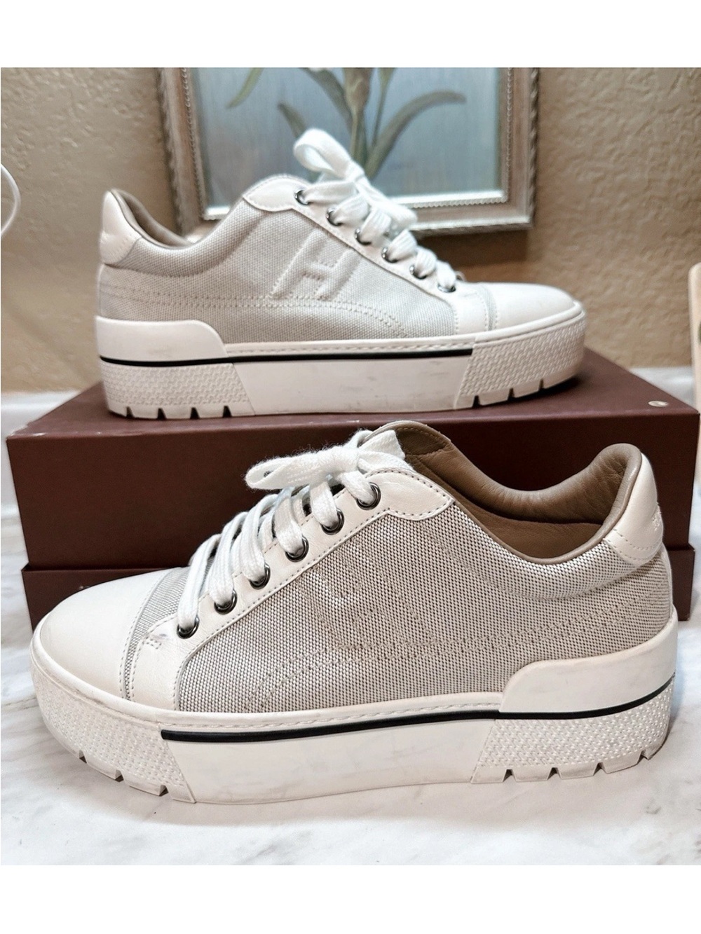 Hermes Cream Platform Lace-Up Sneakers